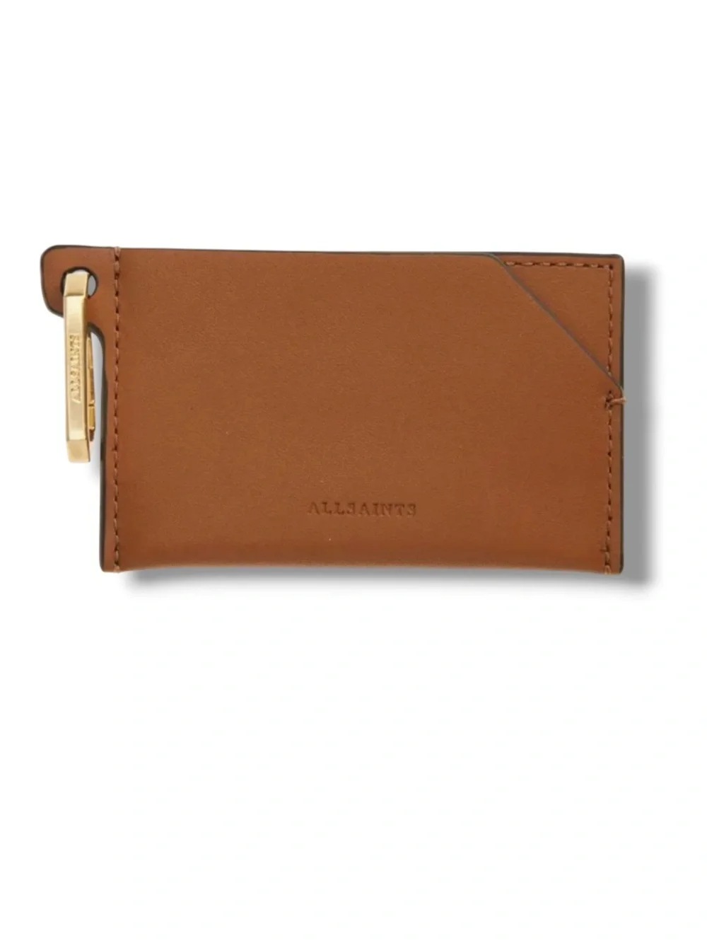 All Saints Sepia Brown Tan Hex Leather Cardholder with Gold Key Clip NWOT